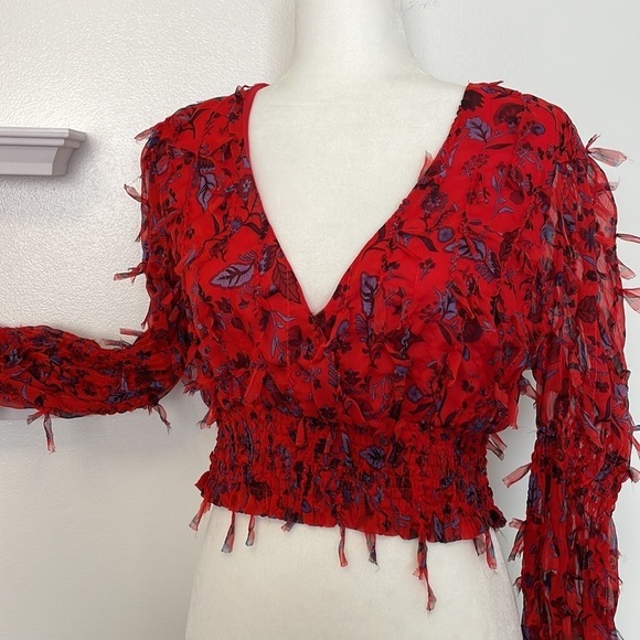 Zara Red Cropped Top V Neck Ling Sleeves Size XL - Picture 4 of 11